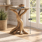 Tree Root End Table with Round Top, Carved Trunk Solid Wood Side Table for Sunroom or Living Room