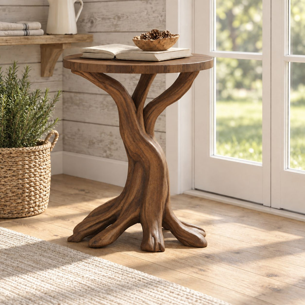 Tree Root End Table with Round Top, Carved Trunk Solid Wood Side Table for Sunroom or Living Room
