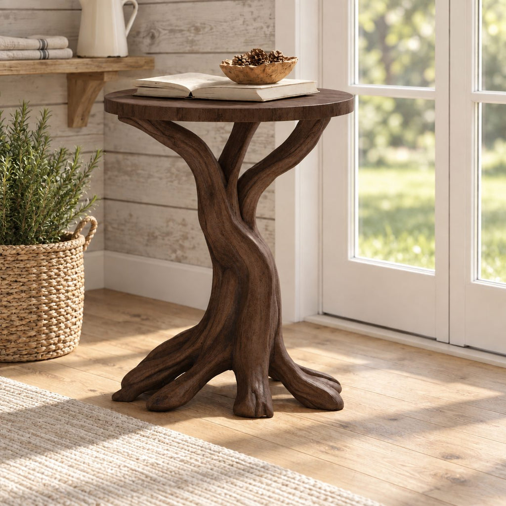 Tree Root End Table with Round Top, Carved Trunk Solid Wood Side Table for Sunroom or Living Room