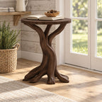 Tree Root End Table with Round Top, Carved Trunk Solid Wood Side Table for Sunroom or Living Room