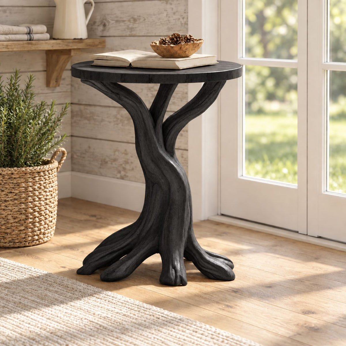 Tree Root End Table with Round Top, Carved Trunk Solid Wood Side Table for Sunroom or Living Room