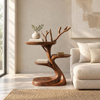 Tree Branch Side Table with Two Round Shelves, Sculptural Solid Wood End Table with Carved Twigs