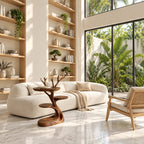 Tree Branch Side Table with Two Round Shelves, Sculptural Solid Wood End Table with Carved Twigs