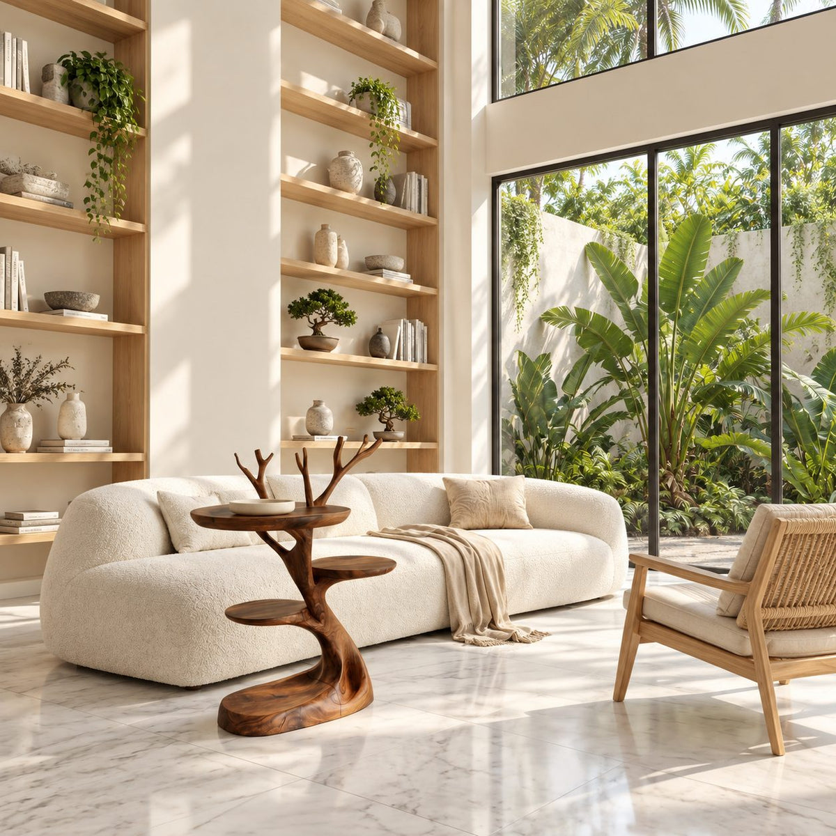 Tree Branch Side Table with Two Round Shelves, Sculptural Solid Wood End Table with Carved Twigs