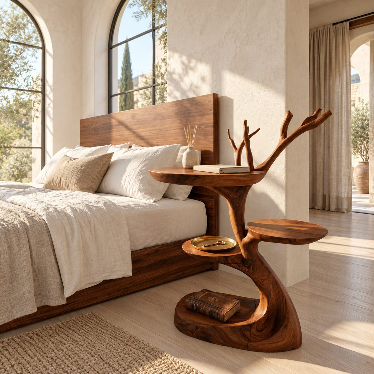 Tree Branch Side Table with Two Round Shelves, Sculptural Solid Wood End Table with Carved Twigs