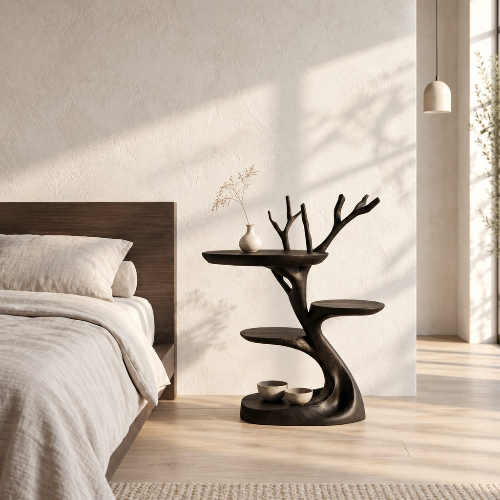 Tree Branch Side Table with Two Round Shelves, Sculptural Solid Wood End Table with Carved Twigs