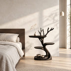 Tree Branch Side Table with Two Round Shelves, Sculptural Solid Wood End Table with Carved Twigs