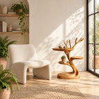 Tree Branch Side Table with Two Round Shelves, Sculptural Solid Wood End Table with Carved Twigs