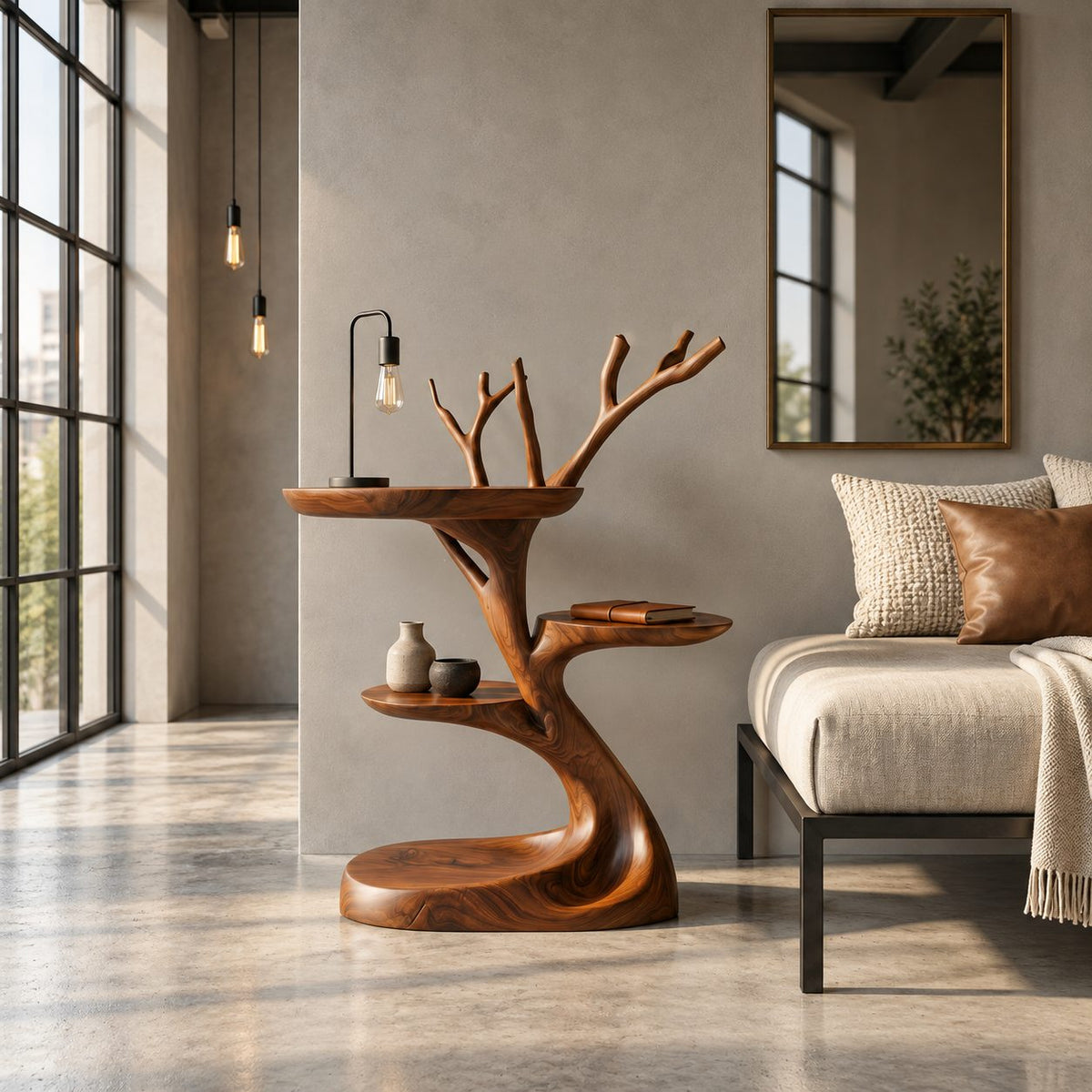 Tree Branch Side Table with Two Round Shelves, Sculptural Solid Wood End Table with Carved Twigs