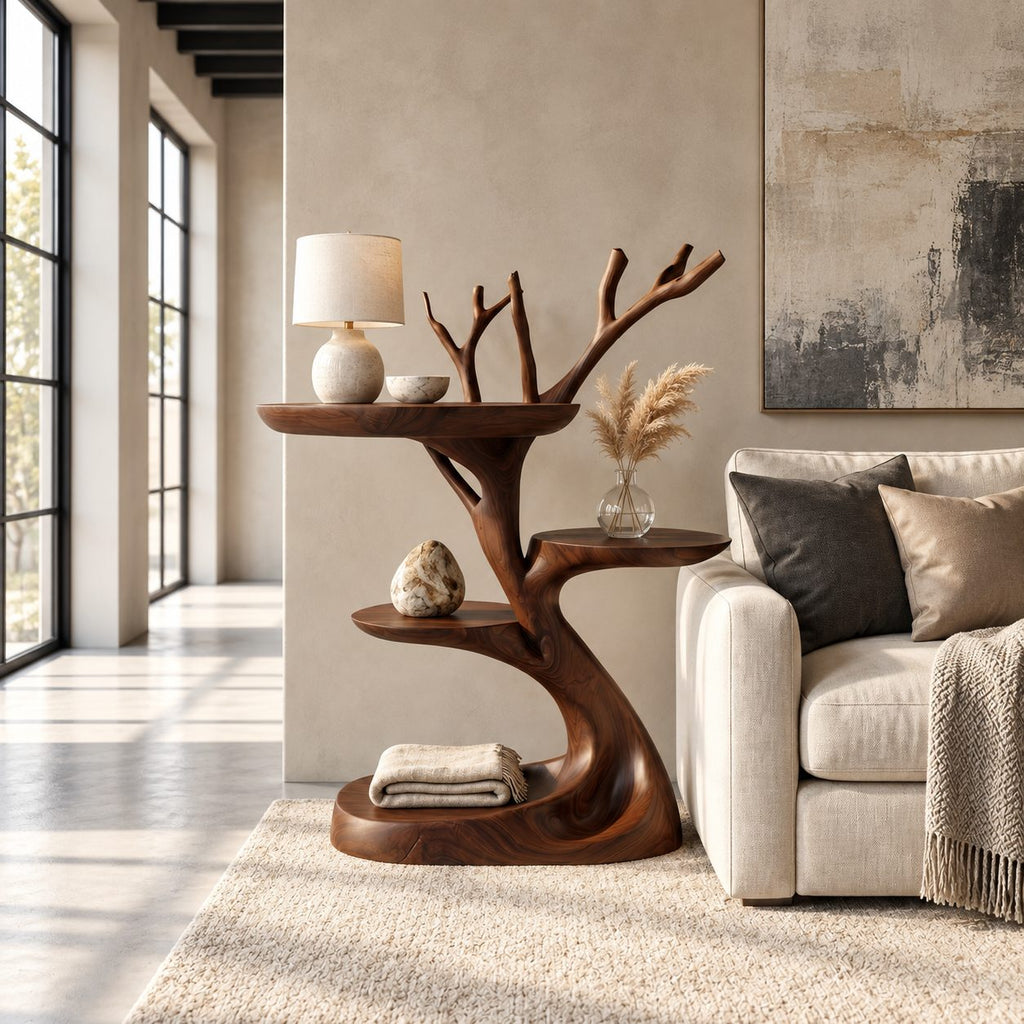 Tree Branch Side Table with Two Round Shelves, Sculptural Solid Wood End Table with Carved Twigs
