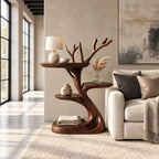 Tree Branch Side Table with Two Round Shelves, Sculptural Solid Wood End Table with Carved Twigs