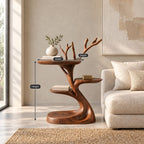 Tree Branch Side Table with Two Round Shelves, Sculptural Solid Wood End Table with Carved Twigs