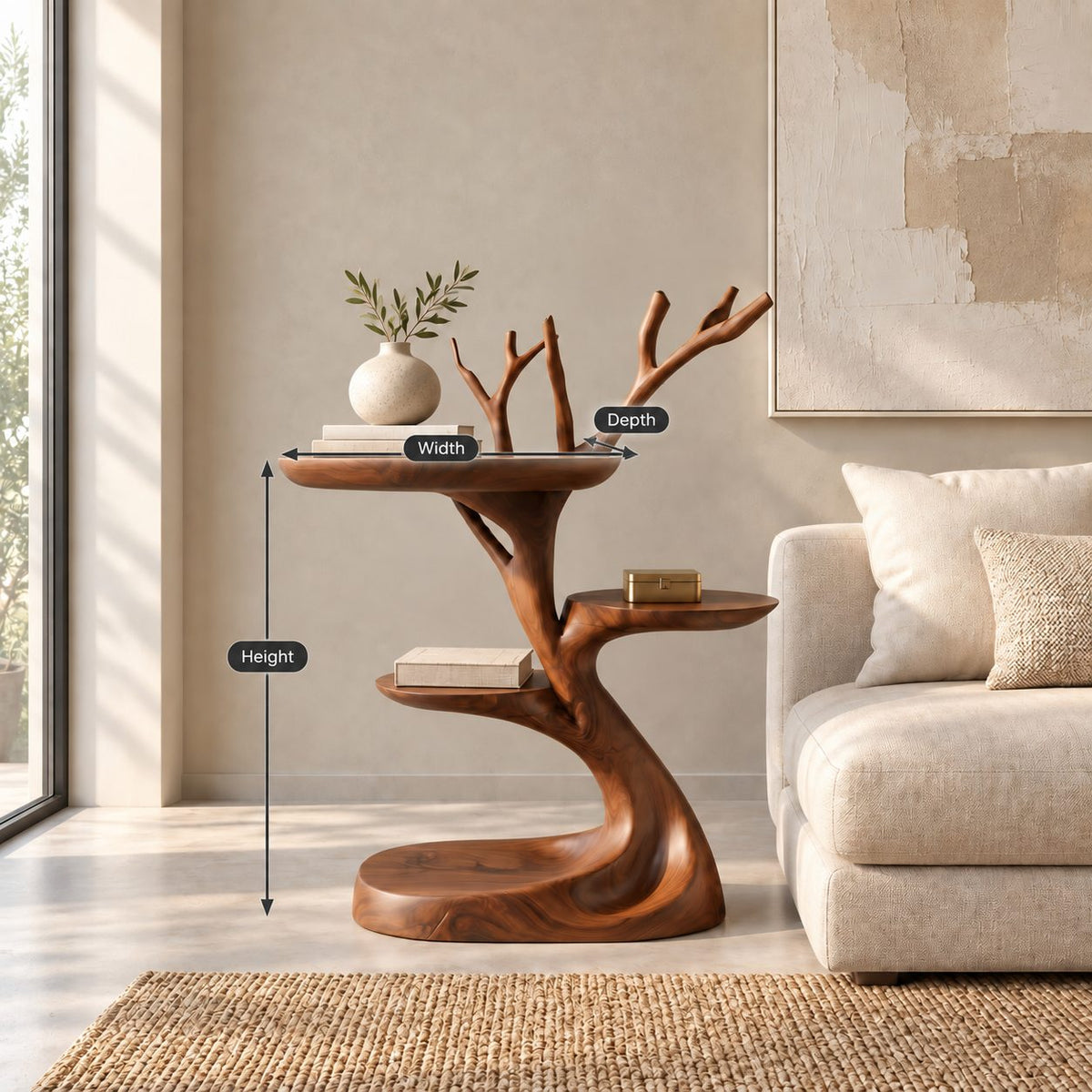 Tree Branch Side Table with Two Round Shelves, Sculptural Solid Wood End Table with Carved Twigs
