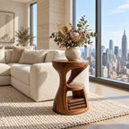 Hourglass Side Table with Lower Shelf, Twisted Carved Solid Wood Round End Table for Modern Living Room