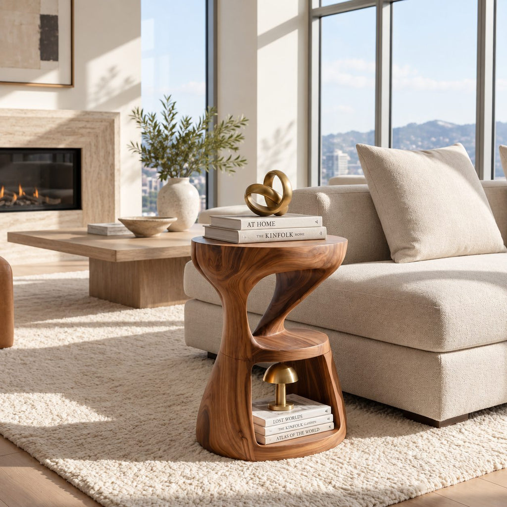 Hourglass Side Table with Lower Shelf, Twisted Carved Solid Wood Round End Table for Modern Living Room