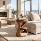 Hourglass Side Table with Lower Shelf, Twisted Carved Solid Wood Round End Table for Modern Living Room