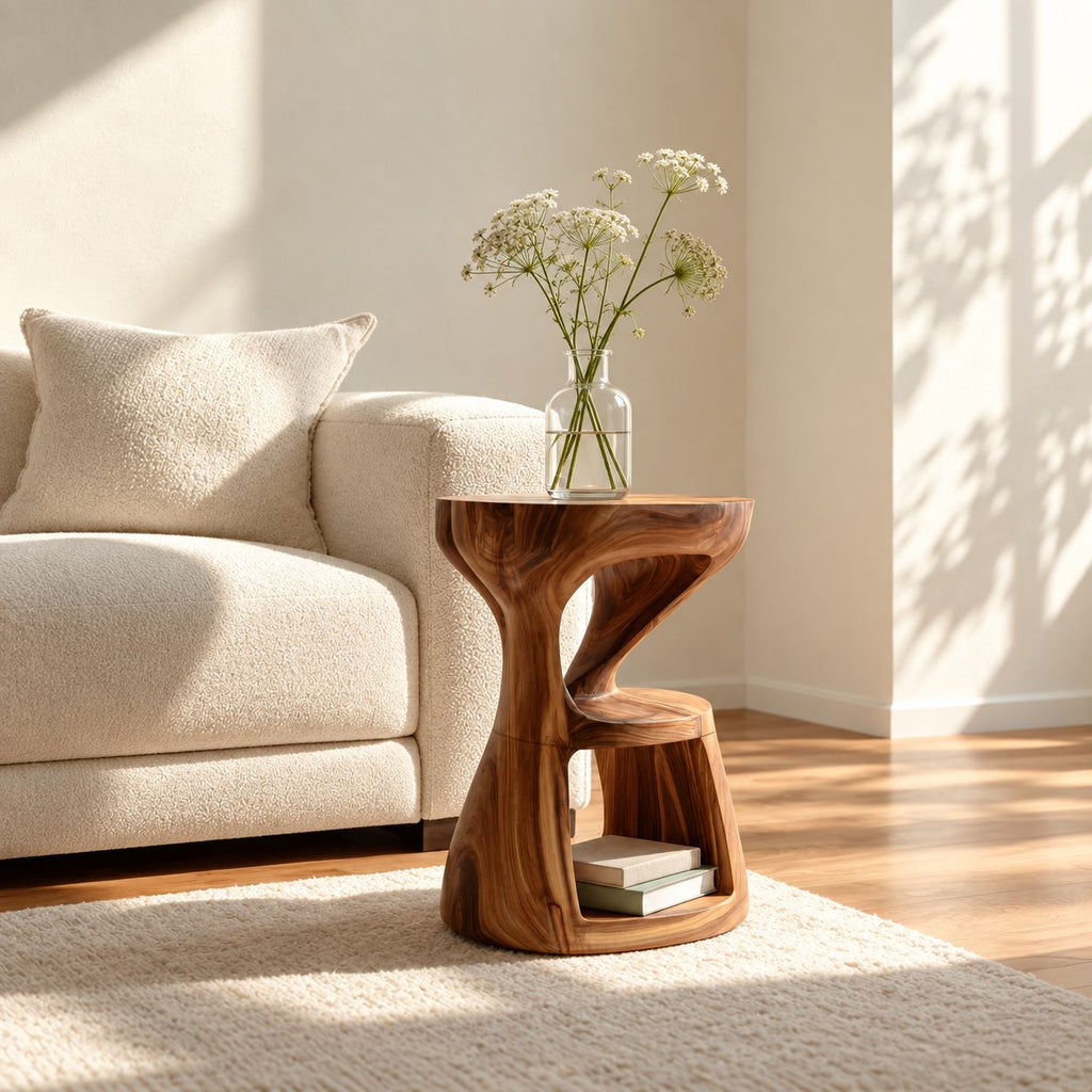 Hourglass Side Table with Lower Shelf, Twisted Carved Solid Wood Round End Table for Modern Living Room