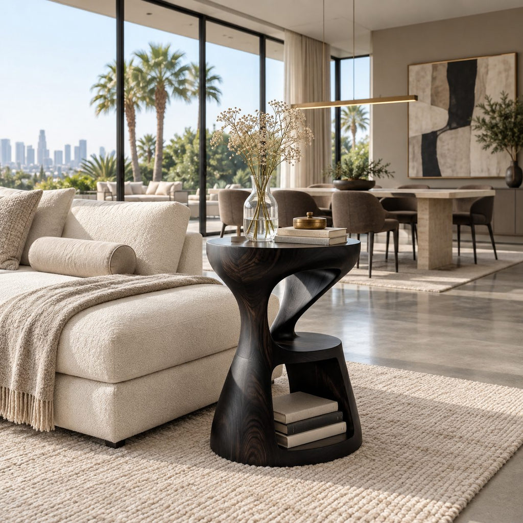 Hourglass Side Table with Lower Shelf, Twisted Carved Solid Wood Round End Table for Modern Living Room