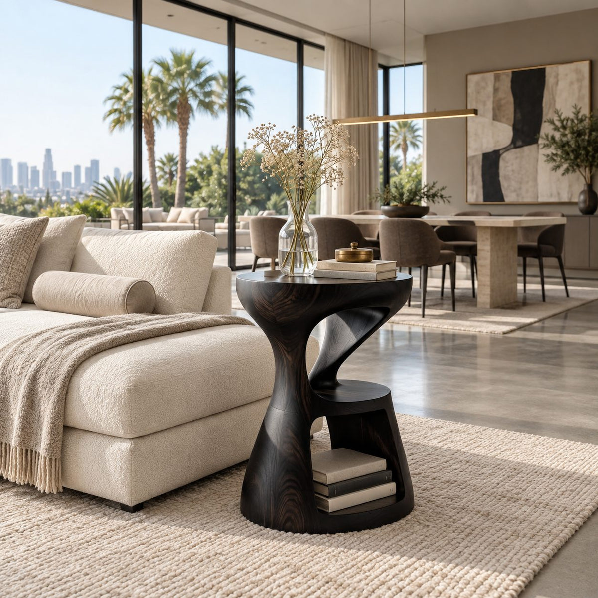 Hourglass Side Table with Lower Shelf, Twisted Carved Solid Wood Round End Table for Modern Living Room