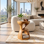 Hourglass Side Table with Lower Shelf, Twisted Carved Solid Wood Round End Table for Modern Living Room