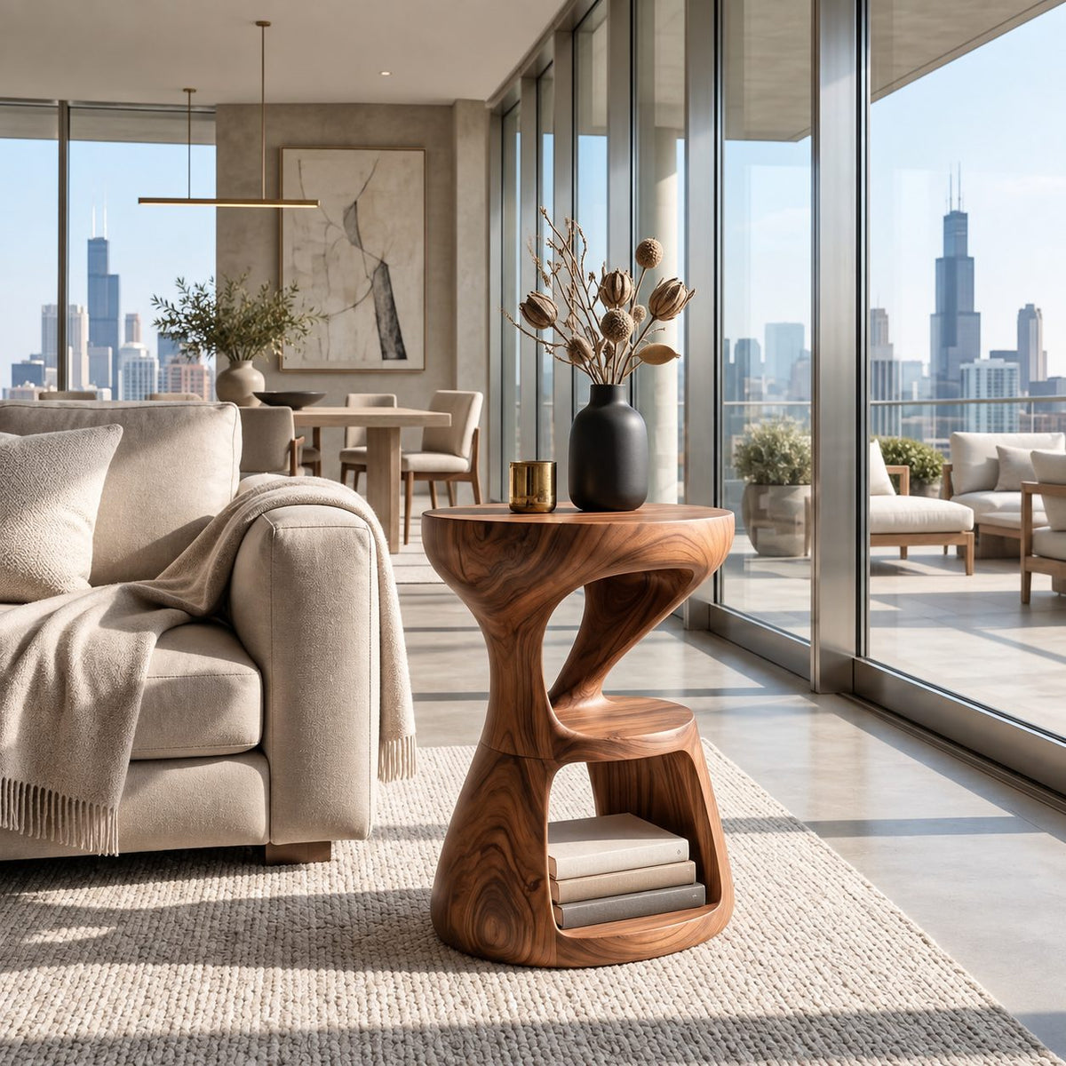 Hourglass Side Table with Lower Shelf, Twisted Carved Solid Wood Round End Table for Modern Living Room