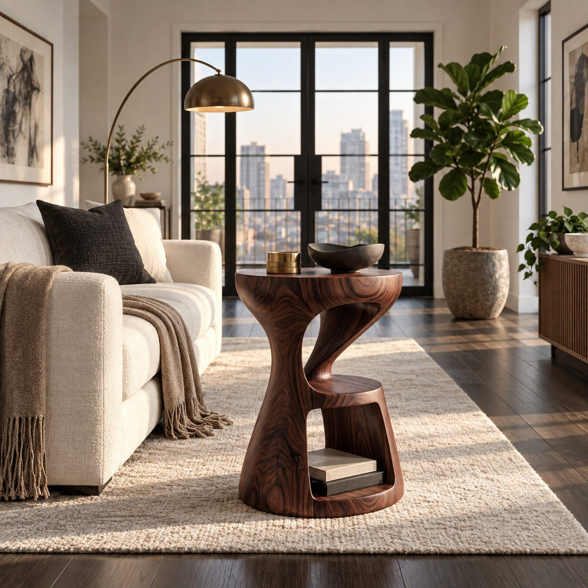 Hourglass Side Table with Lower Shelf, Twisted Carved Solid Wood Round End Table for Modern Living Room