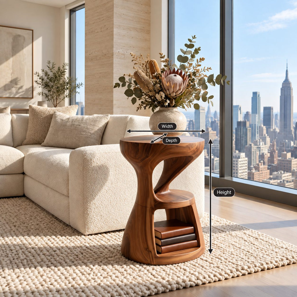 Hourglass Side Table with Lower Shelf, Twisted Carved Solid Wood Round End Table for Modern Living Room