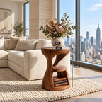 Hourglass Side Table with Lower Shelf, Twisted Carved Solid Wood Round End Table for Modern Living Room
