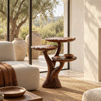 Three Tier Tree Side Table with Scalloped Round Tops, Carved Solid Wood Plant and Accent Table