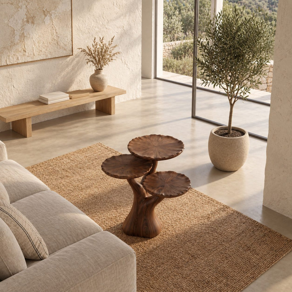 Three Tier Tree Side Table with Scalloped Round Tops, Carved Solid Wood Plant and Accent Table