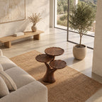 Three Tier Tree Side Table with Scalloped Round Tops, Carved Solid Wood Plant and Accent Table