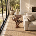 Three Tier Tree Side Table with Scalloped Round Tops, Carved Solid Wood Plant and Accent Table