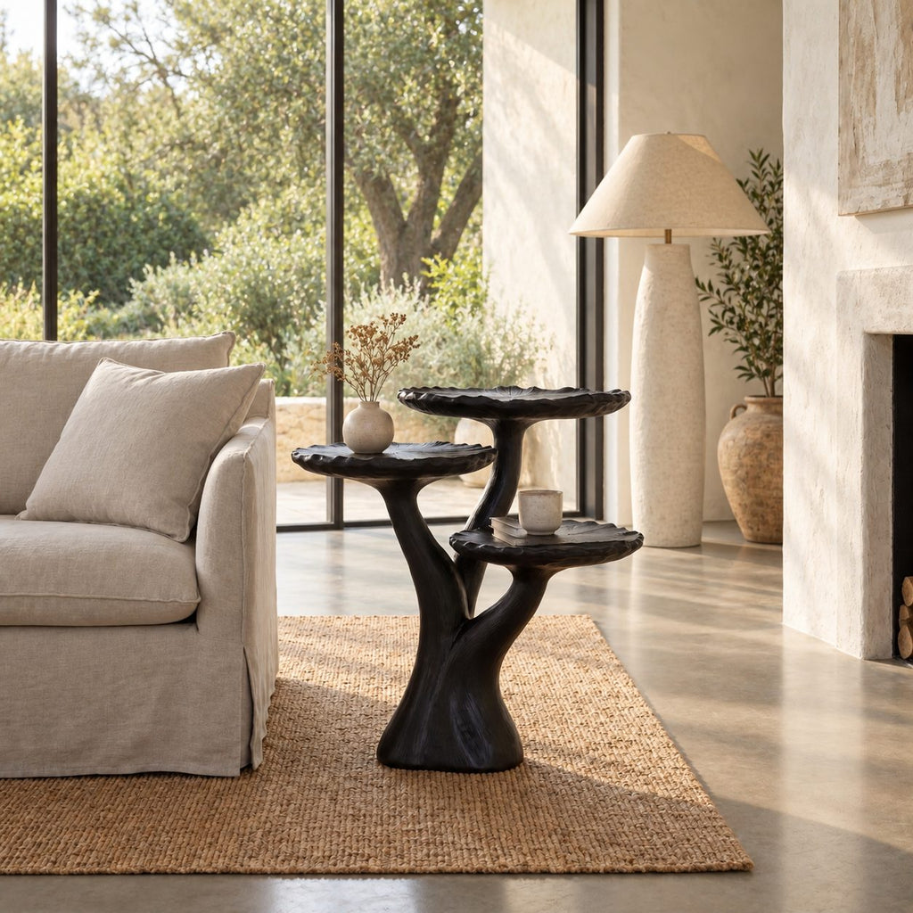 Three Tier Tree Side Table with Scalloped Round Tops, Carved Solid Wood Plant and Accent Table