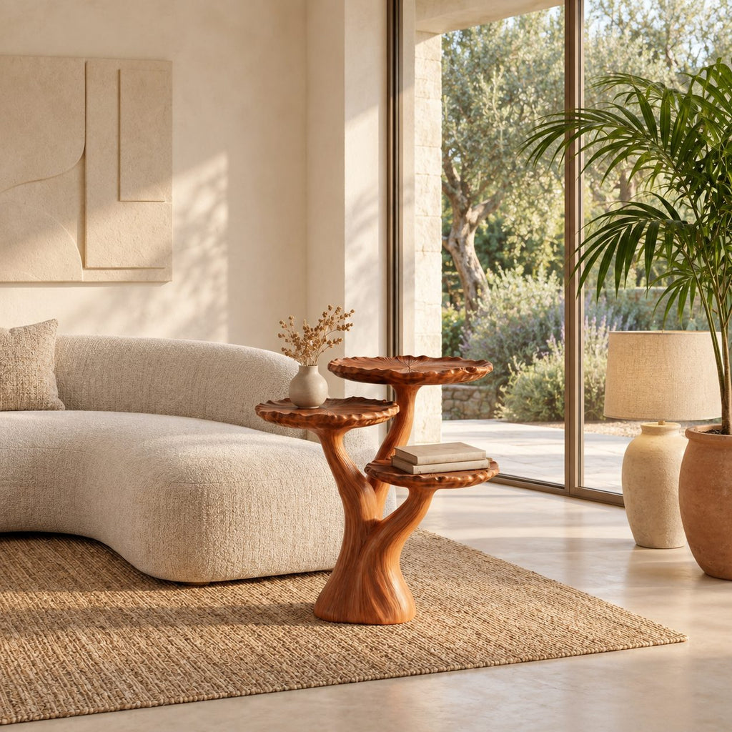 Three Tier Tree Side Table with Scalloped Round Tops, Carved Solid Wood Plant and Accent Table
