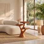 Three Tier Tree Side Table with Scalloped Round Tops, Carved Solid Wood Plant and Accent Table