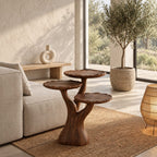 Three Tier Tree Side Table with Scalloped Round Tops, Carved Solid Wood Plant and Accent Table
