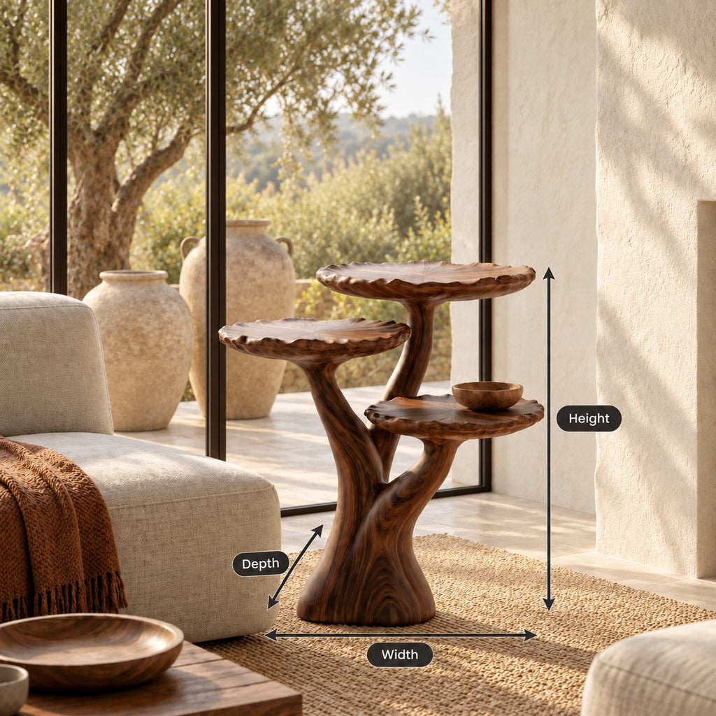 Three Tier Tree Side Table with Scalloped Round Tops, Carved Solid Wood Plant and Accent Table