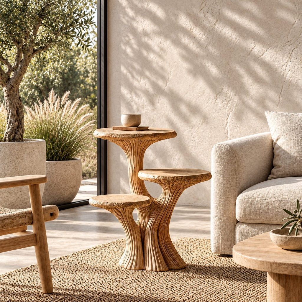 Three Tier Mushroom Side Table, Fluted Trunk Solid Wood Round Accent Table for Living Room