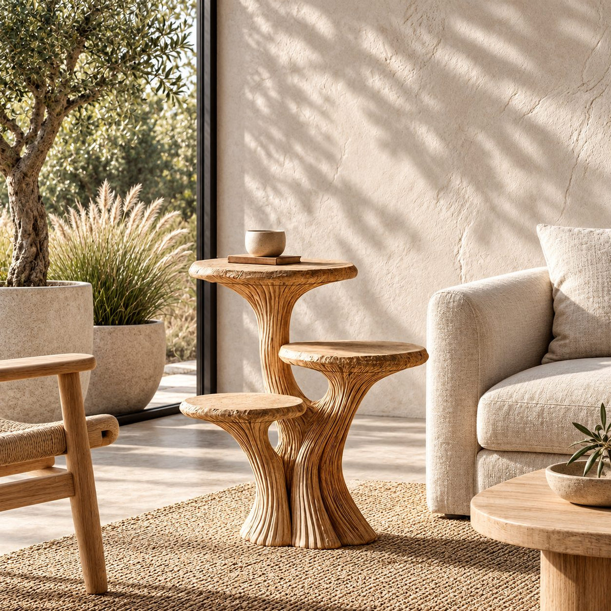 Three Tier Mushroom Side Table, Fluted Trunk Solid Wood Round Accent Table for Living Room