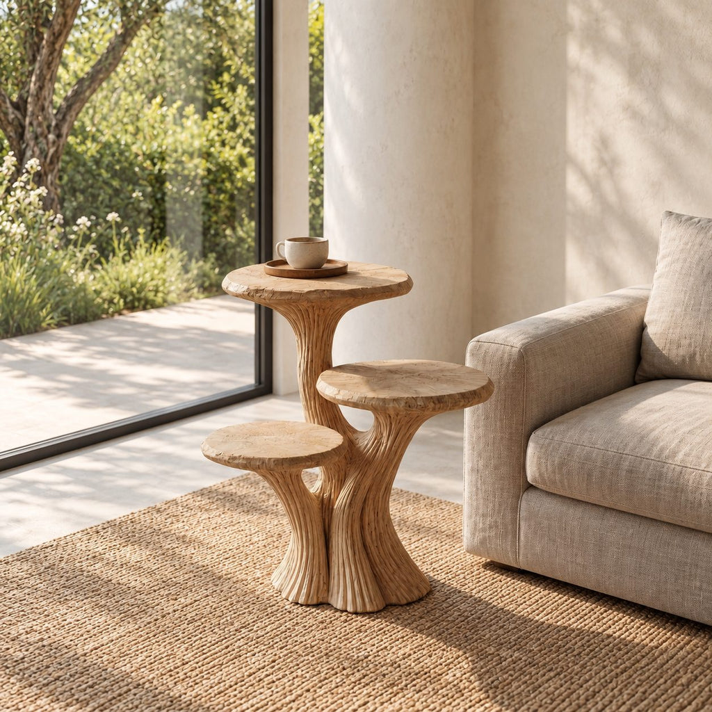 Three Tier Mushroom Side Table, Fluted Trunk Solid Wood Round Accent Table for Living Room