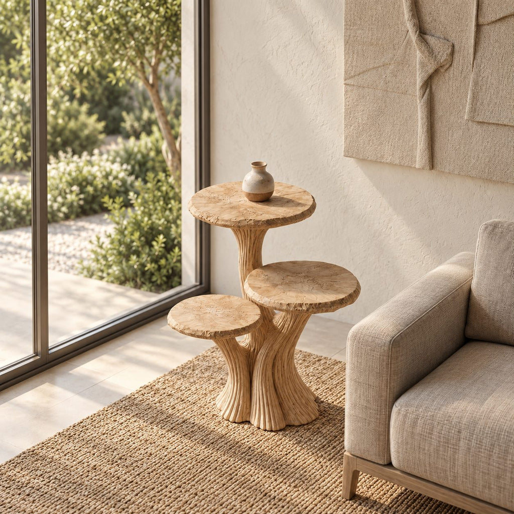 Three Tier Mushroom Side Table, Fluted Trunk Solid Wood Round Accent Table for Living Room