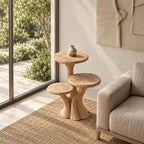 Three Tier Mushroom Side Table, Fluted Trunk Solid Wood Round Accent Table for Living Room