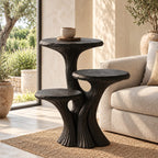Three Tier Mushroom Side Table, Fluted Trunk Solid Wood Round Accent Table for Living Room
