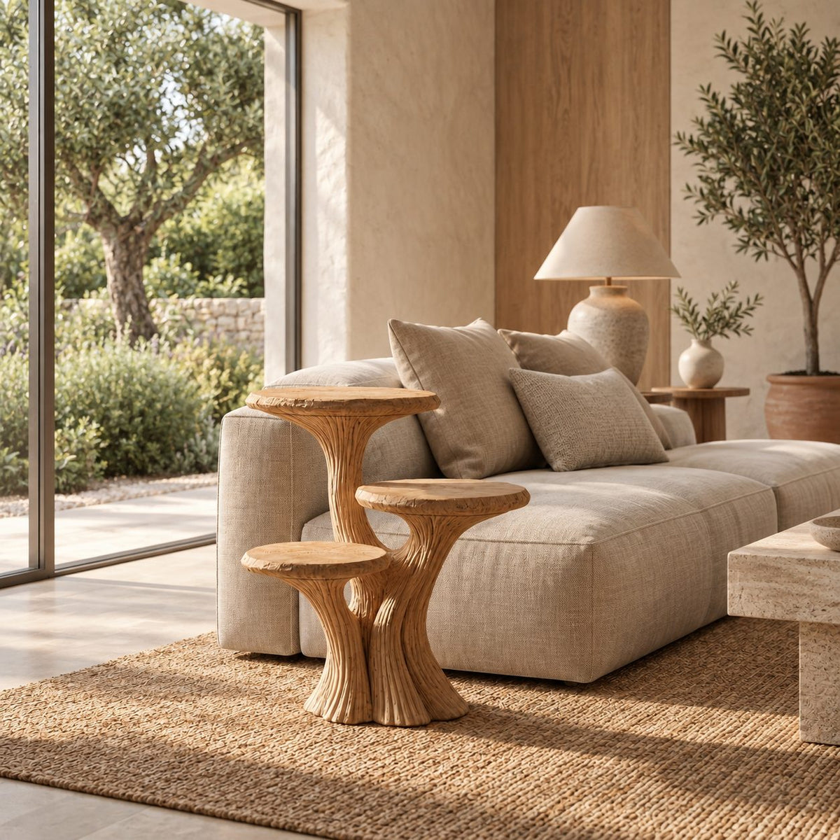 Three Tier Mushroom Side Table, Fluted Trunk Solid Wood Round Accent Table for Living Room