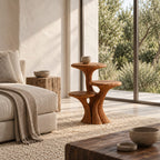 Three Tier Mushroom Side Table, Fluted Trunk Solid Wood Round Accent Table for Living Room