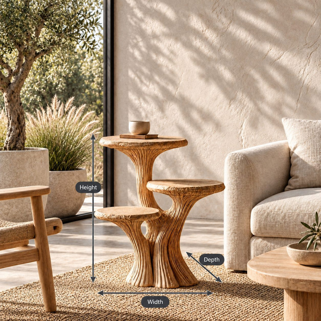 Three Tier Mushroom Side Table, Fluted Trunk Solid Wood Round Accent Table for Living Room