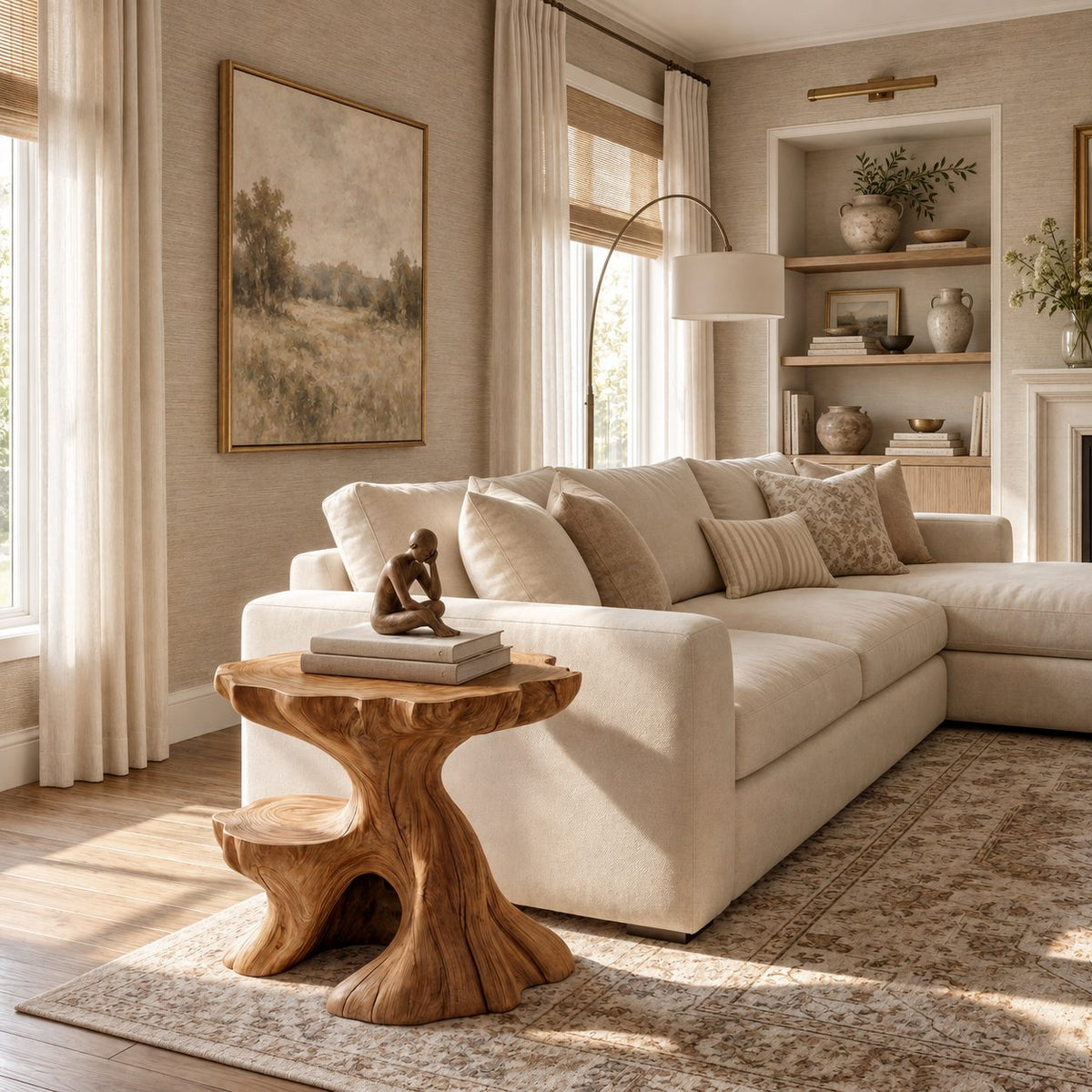 Tree Stump Side Table with Natural Edge Top and Lower Ledge, Carved Solid Wood End Table for Sofa