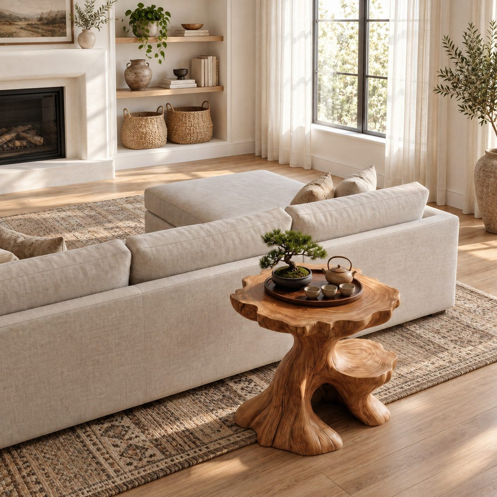 Tree Stump Side Table with Natural Edge Top and Lower Ledge, Carved Solid Wood End Table for Sofa
