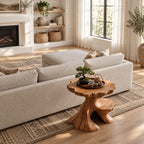 Tree Stump Side Table with Natural Edge Top and Lower Ledge, Carved Solid Wood End Table for Sofa