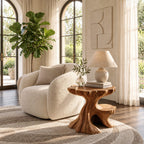 Tree Stump Side Table with Natural Edge Top and Lower Ledge, Carved Solid Wood End Table for Sofa